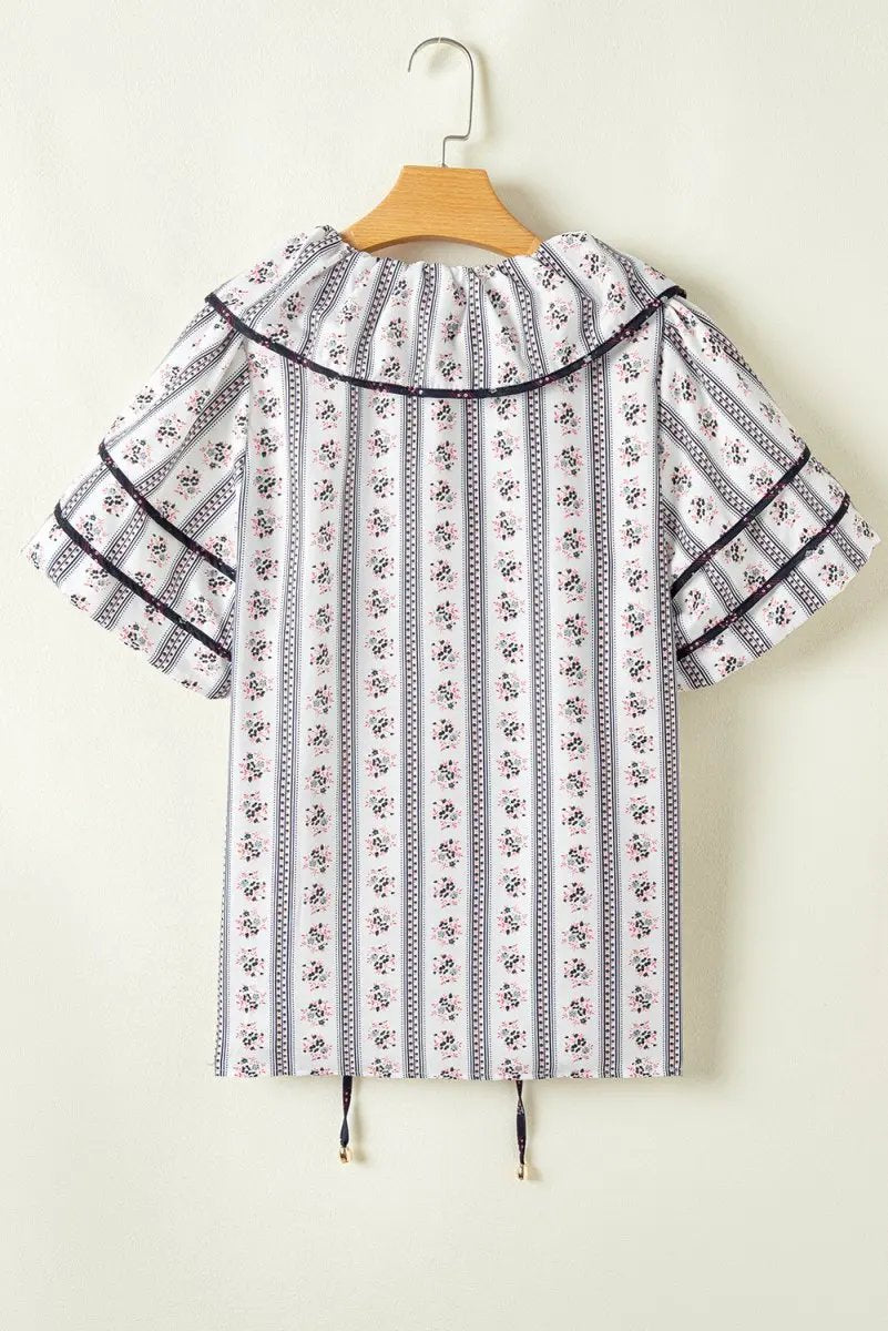 White Floral Ruffled Collar Short Puff Sleeve Blouse - Love Salve